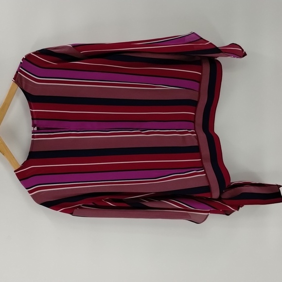 Worthington striped blouse size large maroon pink and tan w tie flutter sleeve - Picture 9 of 12